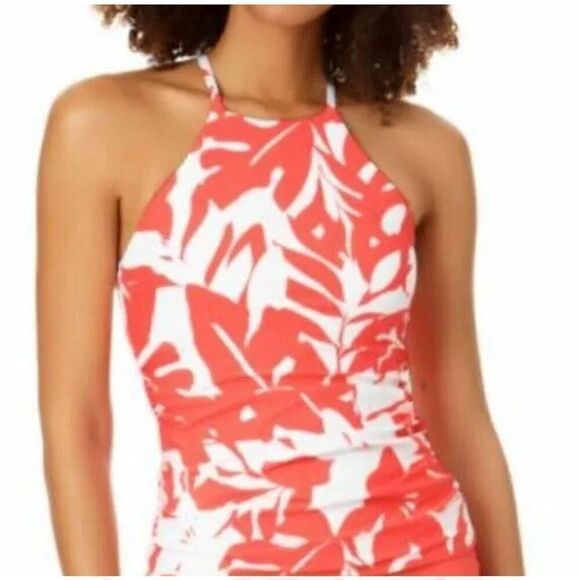 Anne Cole NWT size XS Retro Square neck coral/white print tankini swim top - Picture 1 of 12